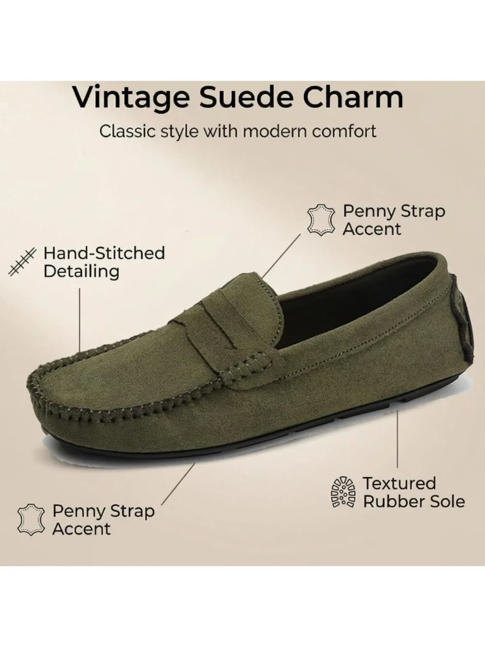 Stylish Men's Suede Slip-On Loafers, Casual Moccasins, Hand-Stitched Boat Shoes
